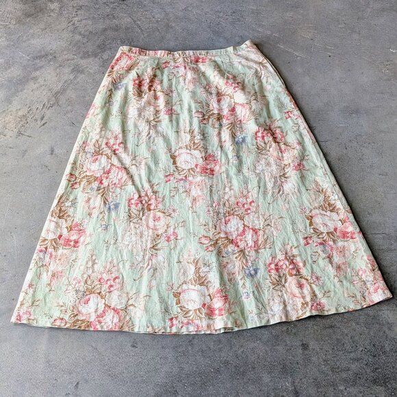 Vintage Chaps Green Pink Antique Floral Button Front Linen Midi Skirt size 12 - Picture 7 of 7